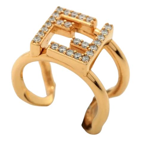 Fendi FF Anello Gold and Crystal Embellished Ring Large